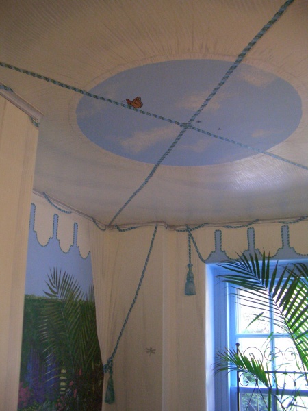 Trompe L'oeil tented ceiling with sky opening