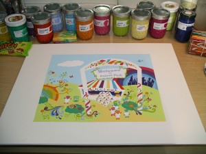 'Welcome' sketch on desk, note the wonderful Kraft palette of colors at the top of the photo. I like color!
